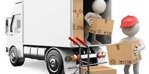 3D white people. Workers unloading boxes from a truck