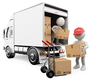 3D white people. Workers unloading boxes from a truck